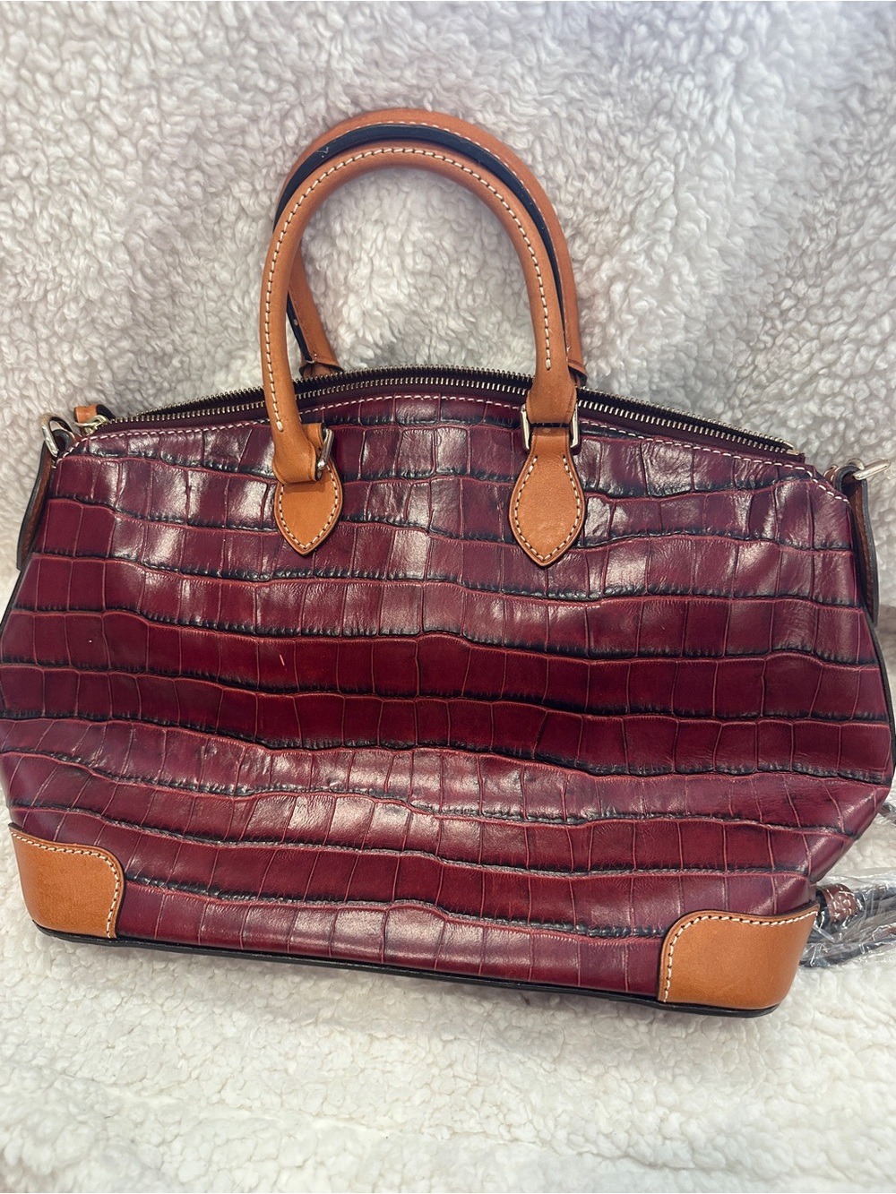 Dooney & Bourke Burgundy Croc-Embossed Satchel with Tan Trim - Picture 2 of 3